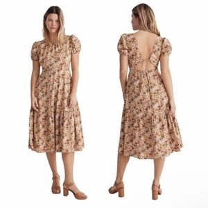 Madewell Flora Field Puff Sleeve Open Back Midi Dress Floral Cottagecore Size 14